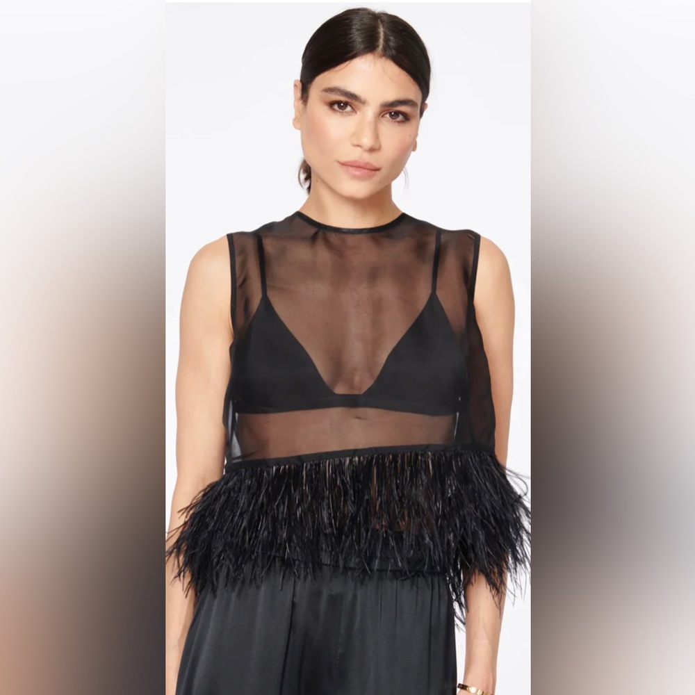 Cami NYC Sheer Silk Crop Top with Feathers.